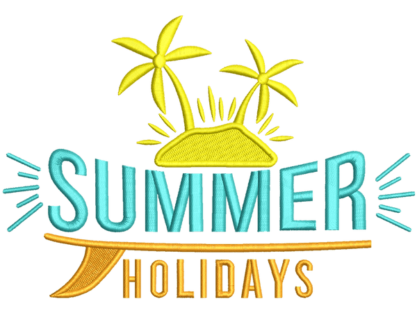 Summer Holiday Embroidery Design File main image - This funny embroidery design file features Summer Holiday from Summer Design. Digital download in DST & PES formats. High-quality machine embroidery patterns by EmbroPlex.