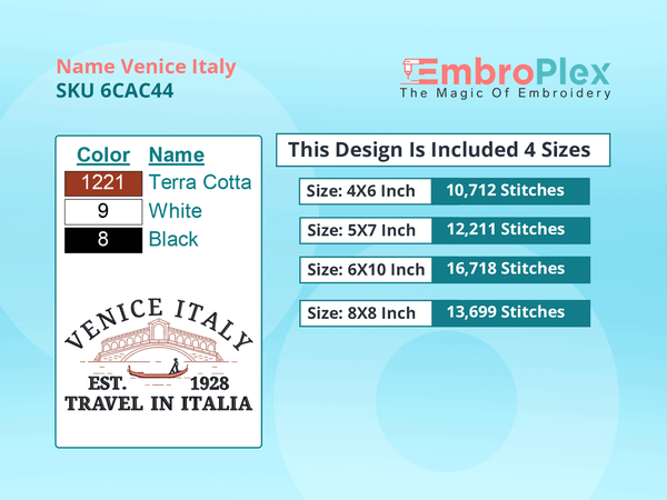 All sizes Cities and Countries-Inspired Venice Italy Embroidery Design File