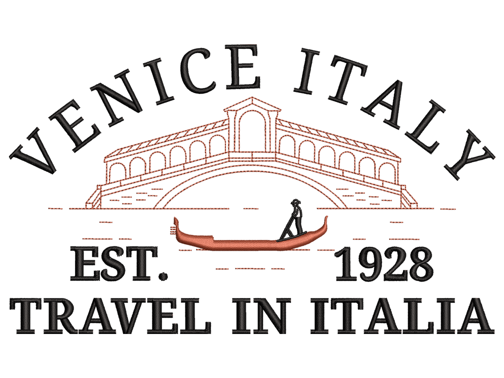Cities and Countries-Inspired Venice Italy Embroidery Design File main image - This Cities and Countries embroidery designs files featuring Venice Italy from Cities and Countries. Digital download in DST & PES formats. High-quality machine embroidery patterns by EmbroPlex.
