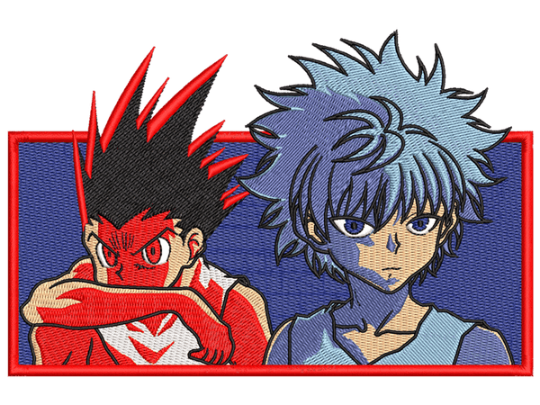 Anime-Inspired Gon and Killua Embroidery Design File main image - This anime embroidery designs files featuring Gon and Killua from Hunter X Hunter. Digital download in DST & PES formats. High-quality machine embroidery patterns by EmbroPlex.