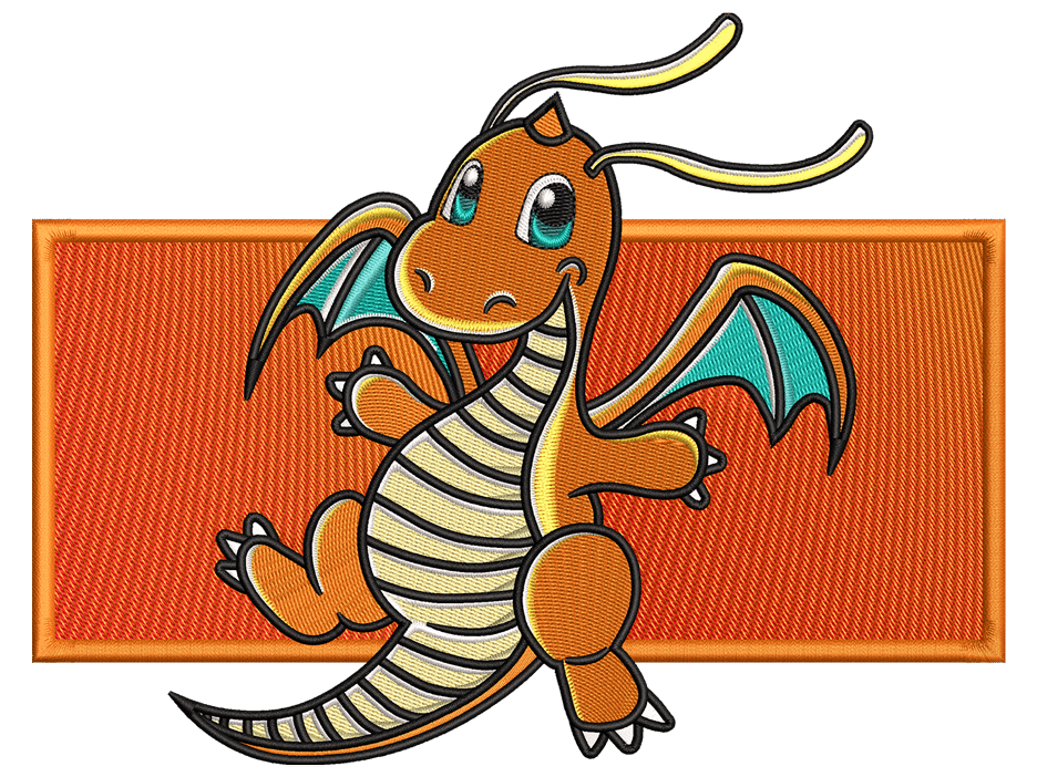 Dragonite Embroidery Design File main image - This Anime embroidery design file features Dragonite from Pokemon. Digital download in DST & PES formats. High-quality machine embroidery patterns by EmbroPlex.