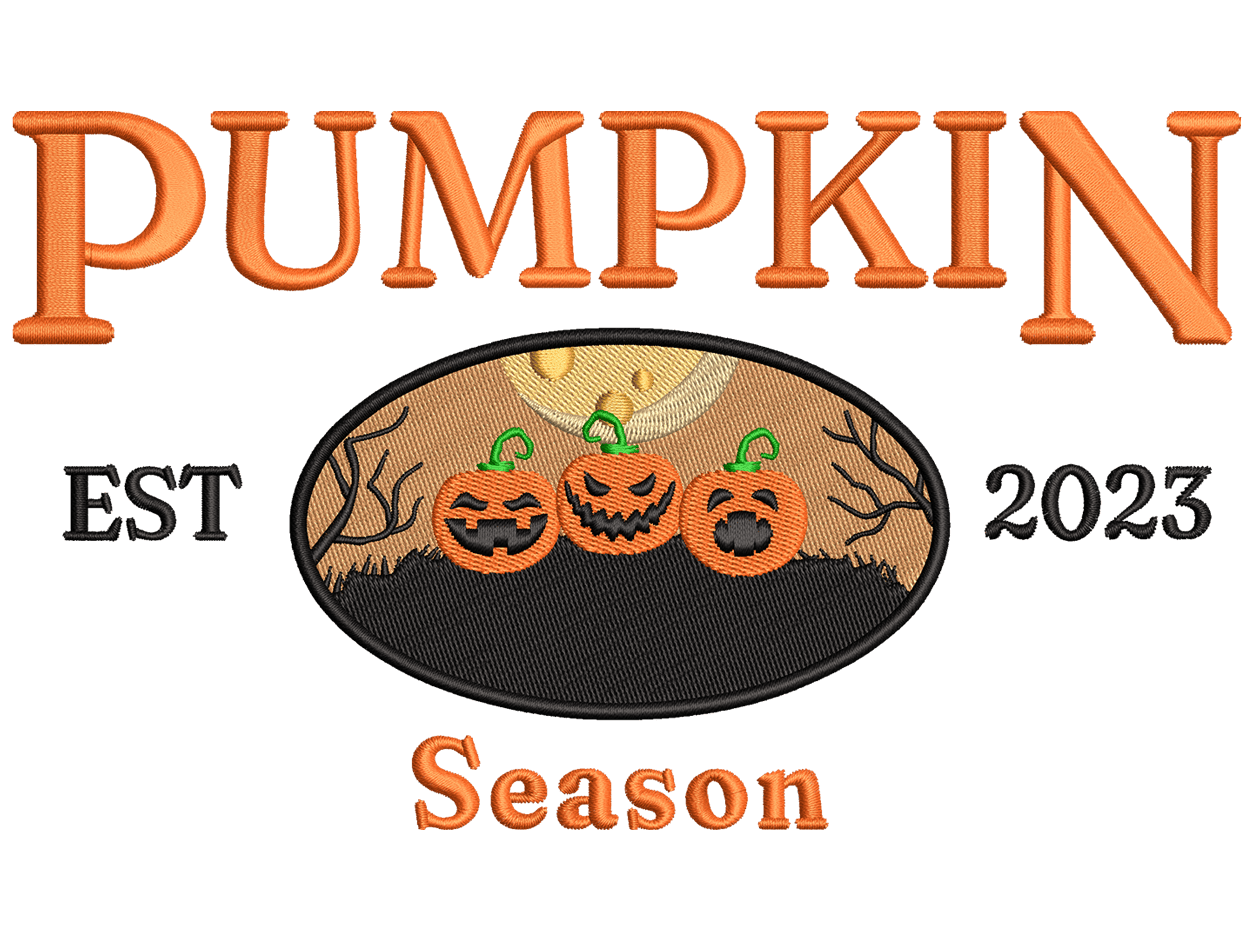 Pumpkin Season Embroidery Design File main image - This embroidery designs files featuring Pumpkin Season from Holidays. Digital download in DST & PES formats. High-quality machine embroidery patterns by EmbroPlex.