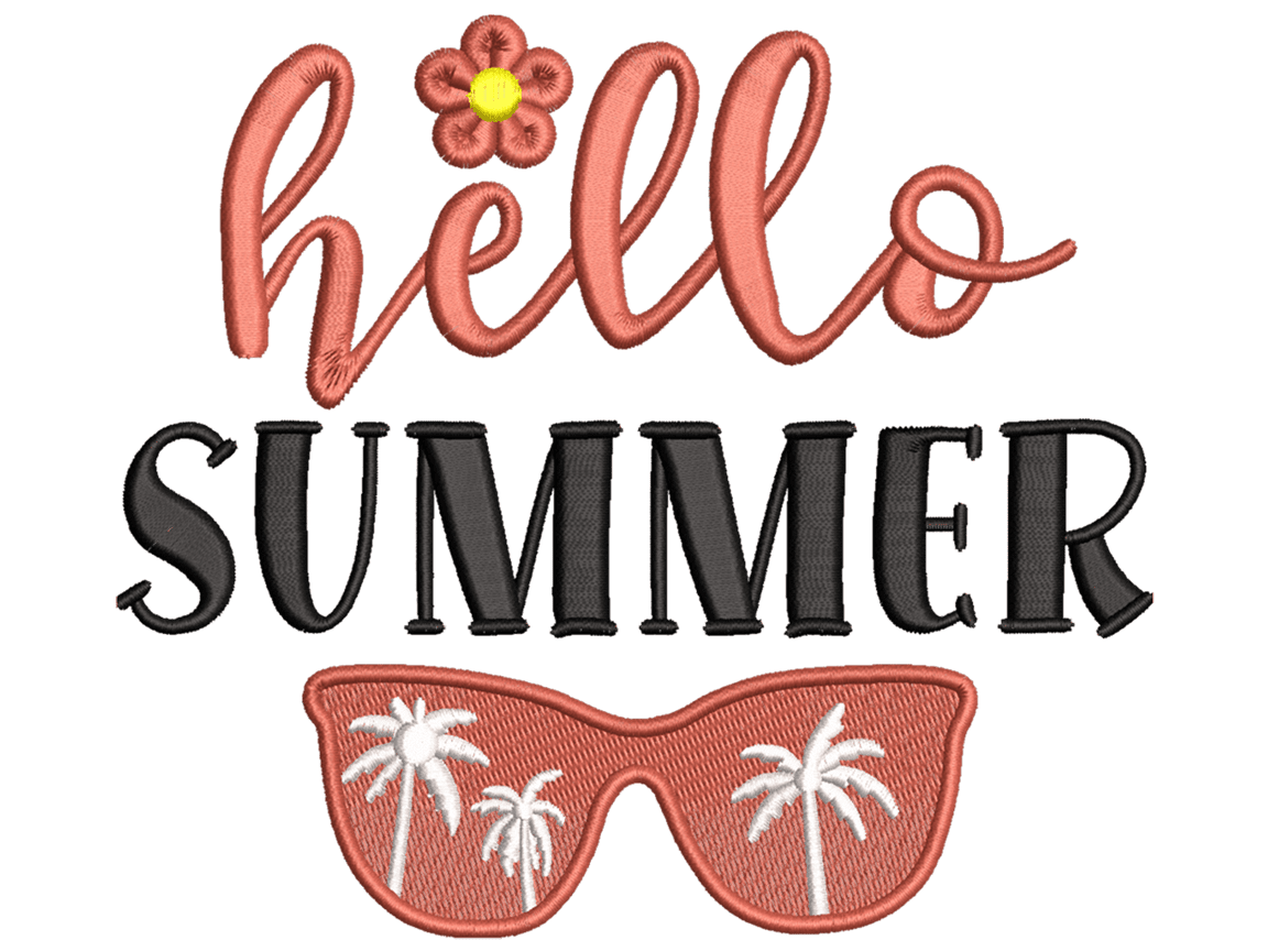 Hello Summer Embroidery Design File main image - This funny embroidery design file features Hello Summer from Summer Design. Digital download in DST & PES formats. High-quality machine embroidery patterns by EmbroPlex.