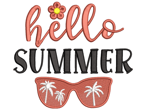 Hello Summer Embroidery Design File main image - This funny embroidery design file features Hello Summer from Summer Design. Digital download in DST & PES formats. High-quality machine embroidery patterns by EmbroPlex.