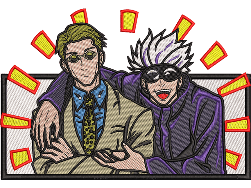 Gojo And Nanami Embroidery Design File main image - This Anime embroidery design file features Gojo And Nanami from Jujutsu Kaisen. Digital download in DST & PES formats. High-quality machine embroidery patterns by EmbroPlex.