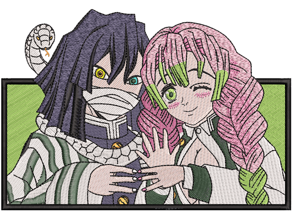 Obanai And Mitsuri Embroidery Design File main image - This Anime embroidery design file features Obanai And Mitsuri from Demon Slayer. Digital download in DST & PES formats. High-quality machine embroidery patterns by EmbroPlex.