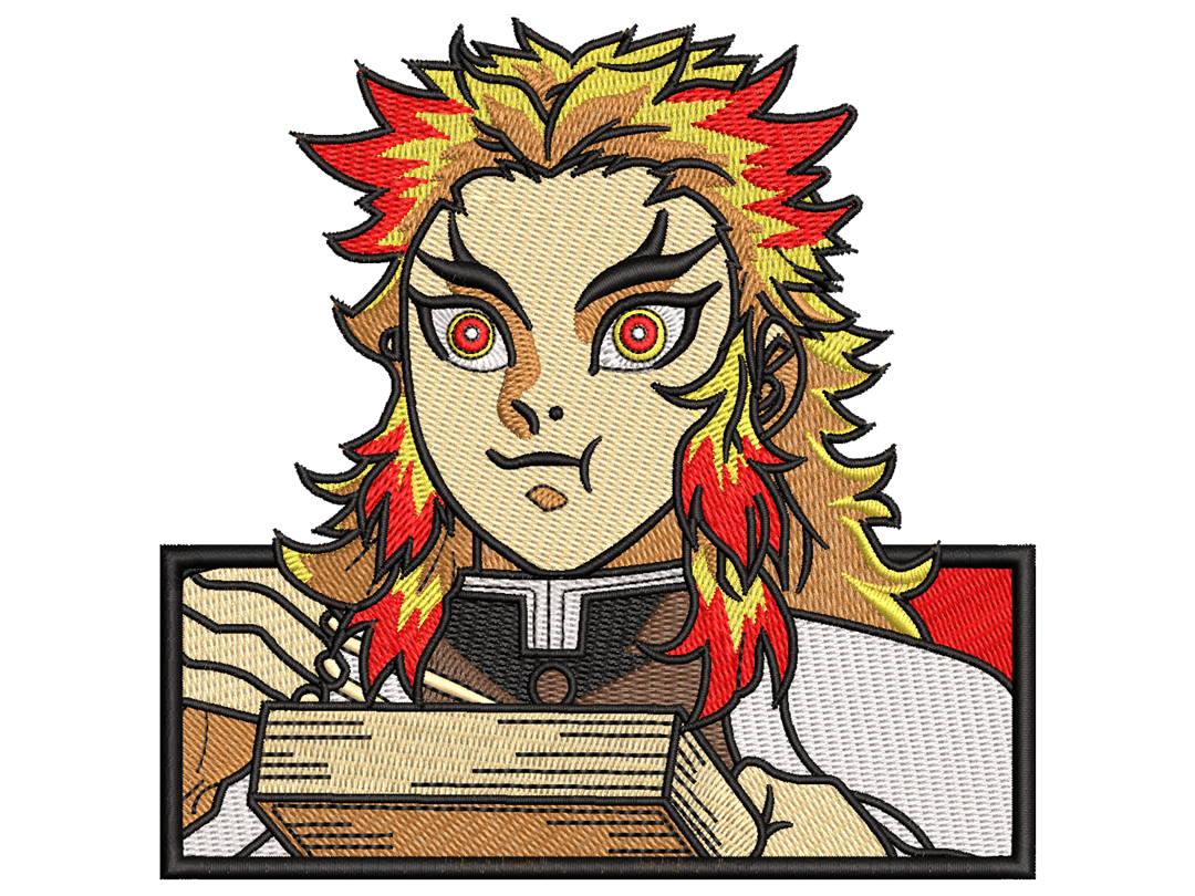 Rengoku Embroidery Design File main image - This Anime embroidery design file features Rengoku from Demon Slayer. Digital download in DST & PES formats. High-quality machine embroidery patterns by EmbroPlex.