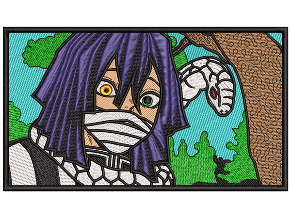 Anime-Inspired Obanai Iguro Embroidery Design File main image - This anime embroidery designs files featuring Obanai Iguro  from Demon Slayer . Digital download in DST & PES formats. High-quality machine embroidery patterns by EmbroPlex.