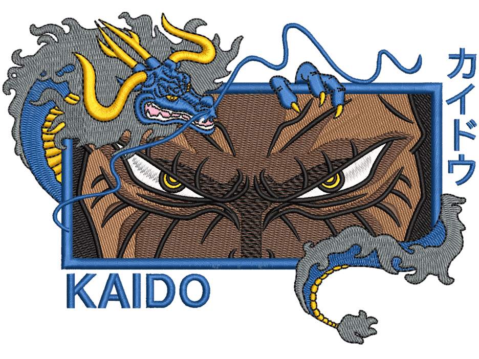 Kaido Embroidery Design File main image - This Anime embroidery design file features Kaido from One Piece. Digital download in DST & PES formats. High-quality machine embroidery patterns by EmbroPlex.