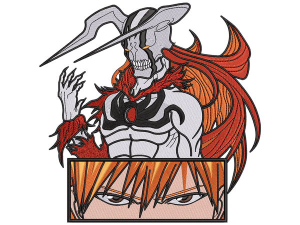 Anime-Inspired Ichigo with Vasto Lorde Embroidery Design File main image - This anime embroidery designs files featuring Ichigo with Vasto Lorde from Bleach. Digital download in DST & PES formats. High-quality machine embroidery patterns by EmbroPlex.