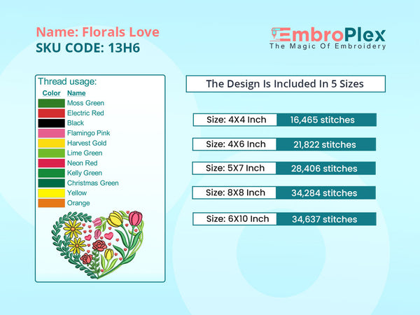 Embroidery PDF guide for the Florals Heart Shaped Embroidery Design File main image