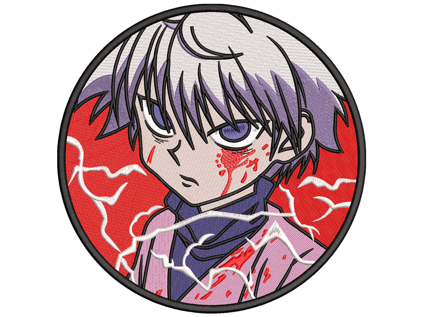 Anime-Inspired Killua Patch Embroidery Design File main image - This anime embroidery designs files featuring Killua Patch from Hunter X Hunter. Digital download in DST & PES formats. High-quality machine embroidery patterns by EmbroPlex.