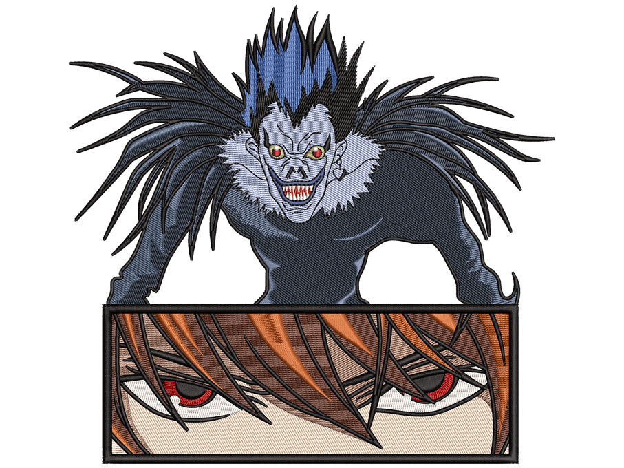 Anime-Inspired Light With Ryuk Embroidery Design File main image - This anime embroidery designs files featuring Light With Ryuk from Death Note. Digital download in DST & PES formats. High-quality machine embroidery patterns by EmbroPlex.