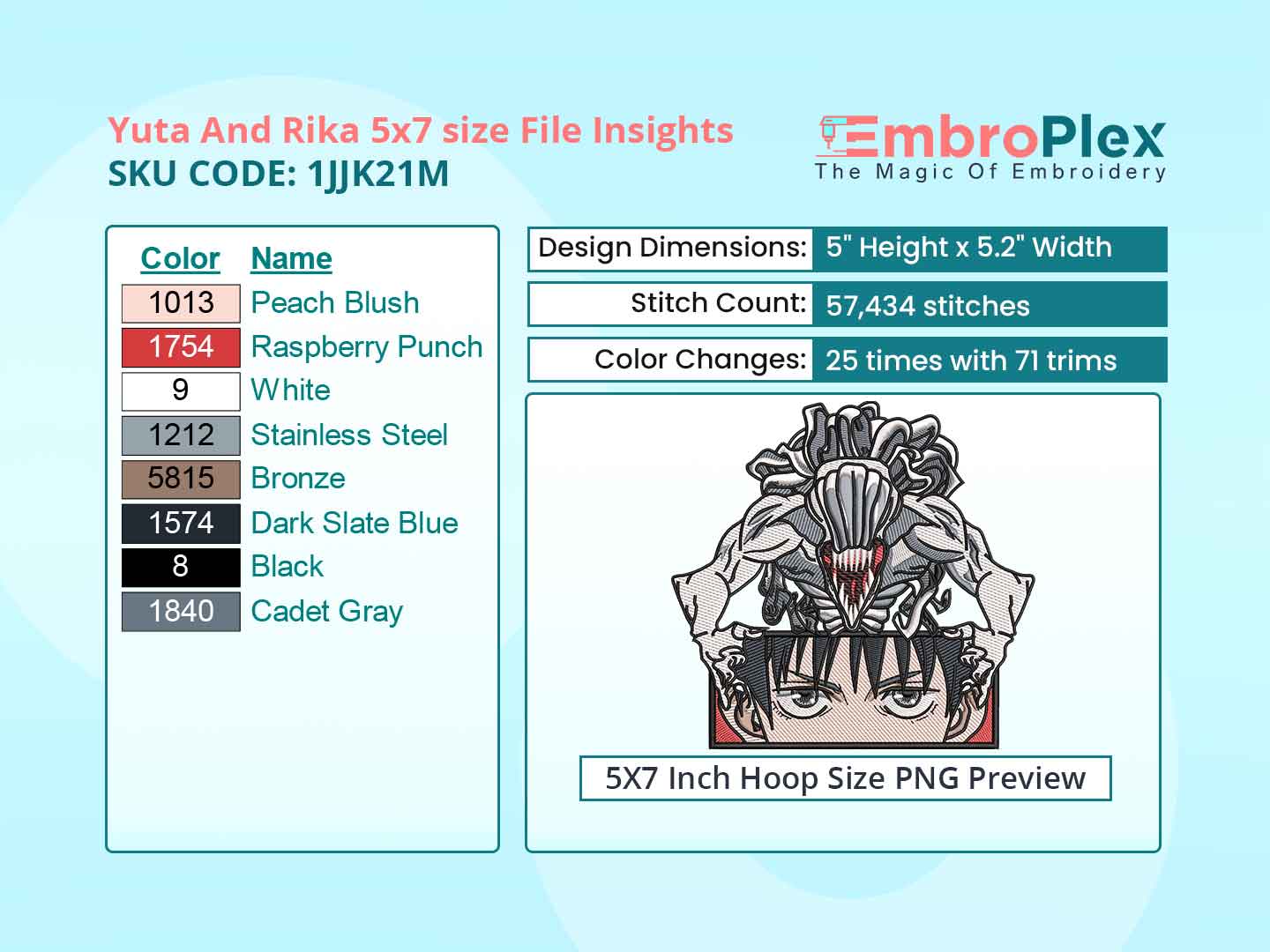 Anime-Inspired Yuta And Rika Embroidery Design File - 5x7 Inch hoop Size Variation overview image