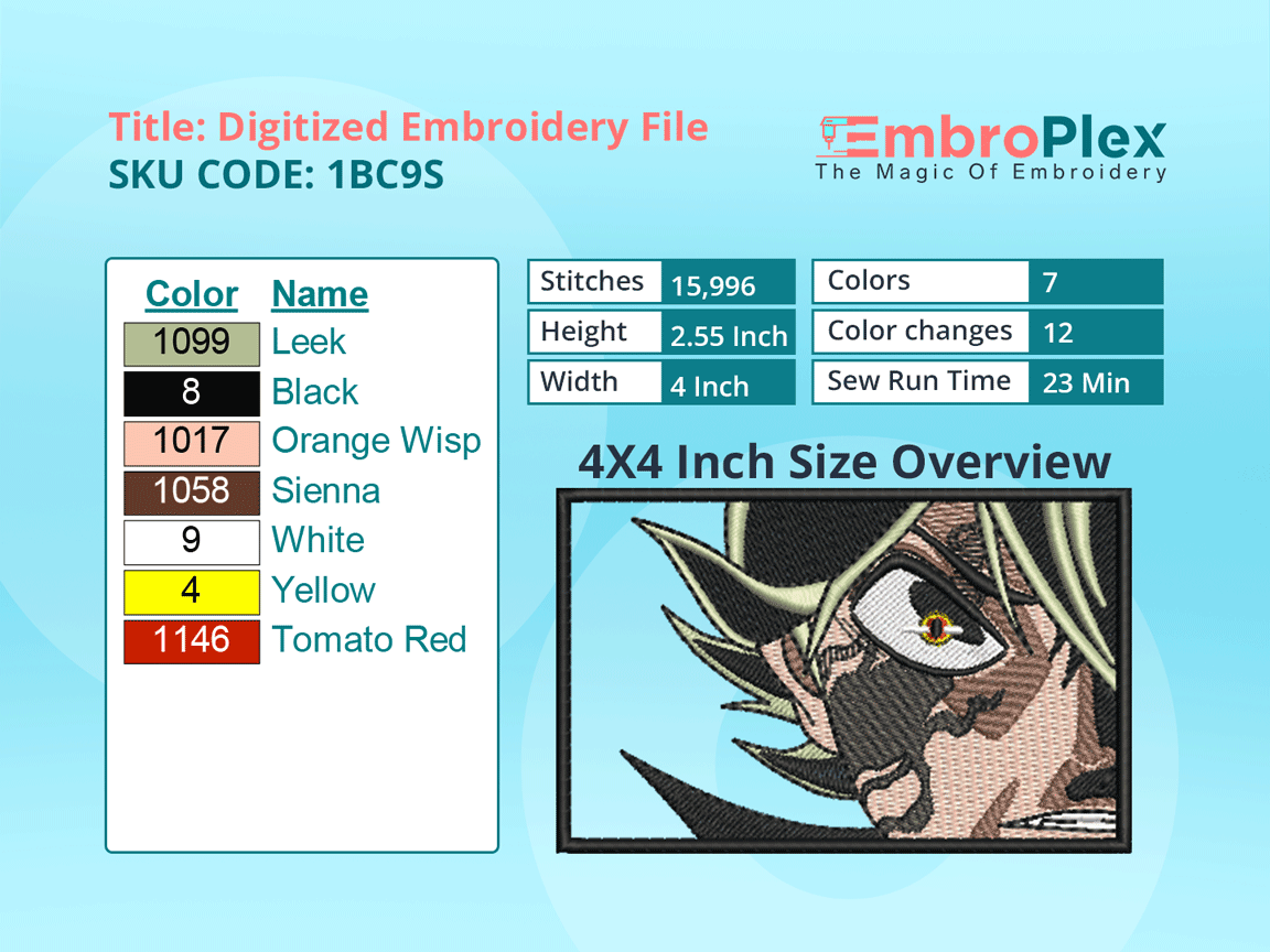 Anime-Inspired Angry Asta Embroidery Design File - 4x4 Inch hoop Size Variation overview image