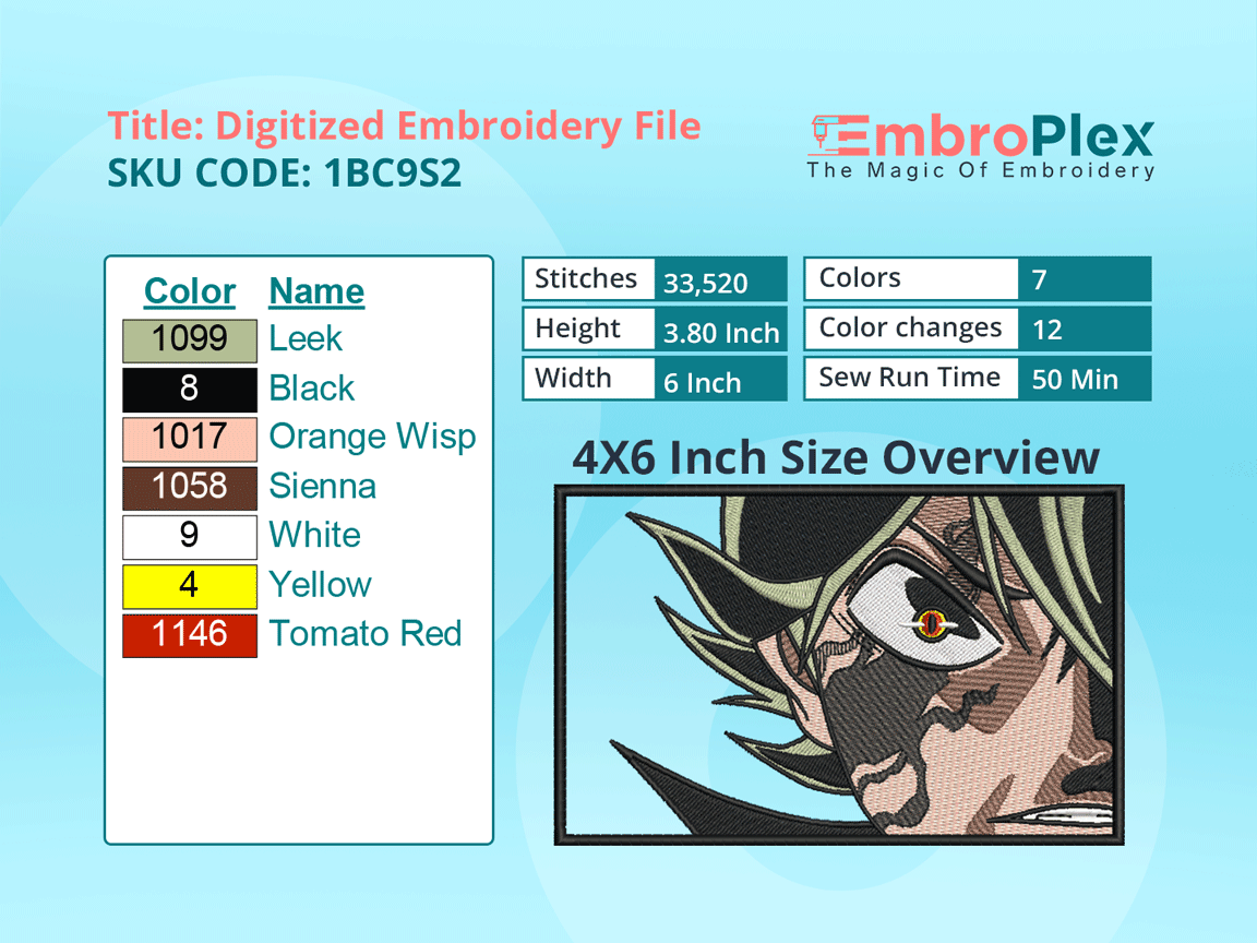 Anime-Inspired Angry Asta Embroidery Design File - 4x6 Inch hoop Size Variation overview image