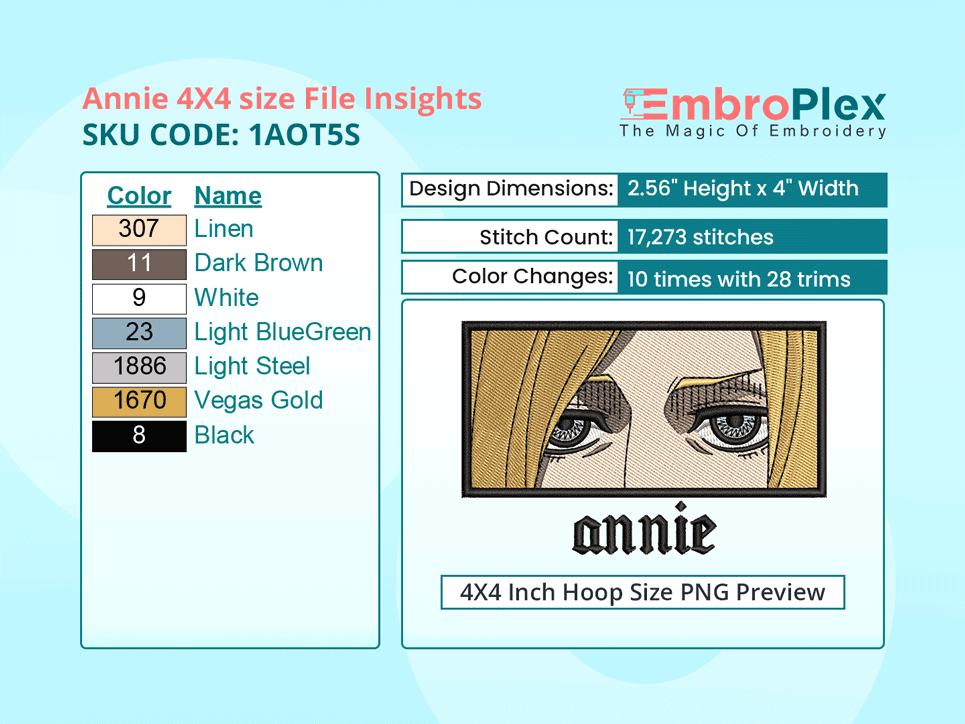 Anime-Inspired Annie Leonhart Embroidery Design File - 4x4 Inch hoop Size Variation overview image