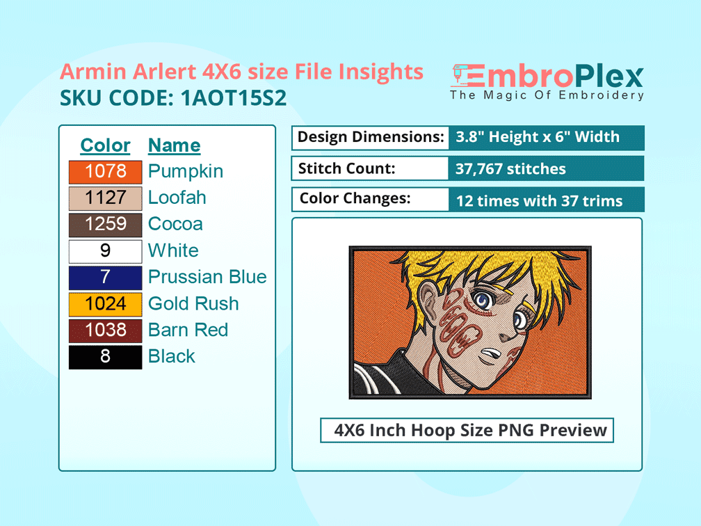 Anime-Inspired Armin Arlert Embroidery Design File - 4x6 Inch hoop Size Variation overview image