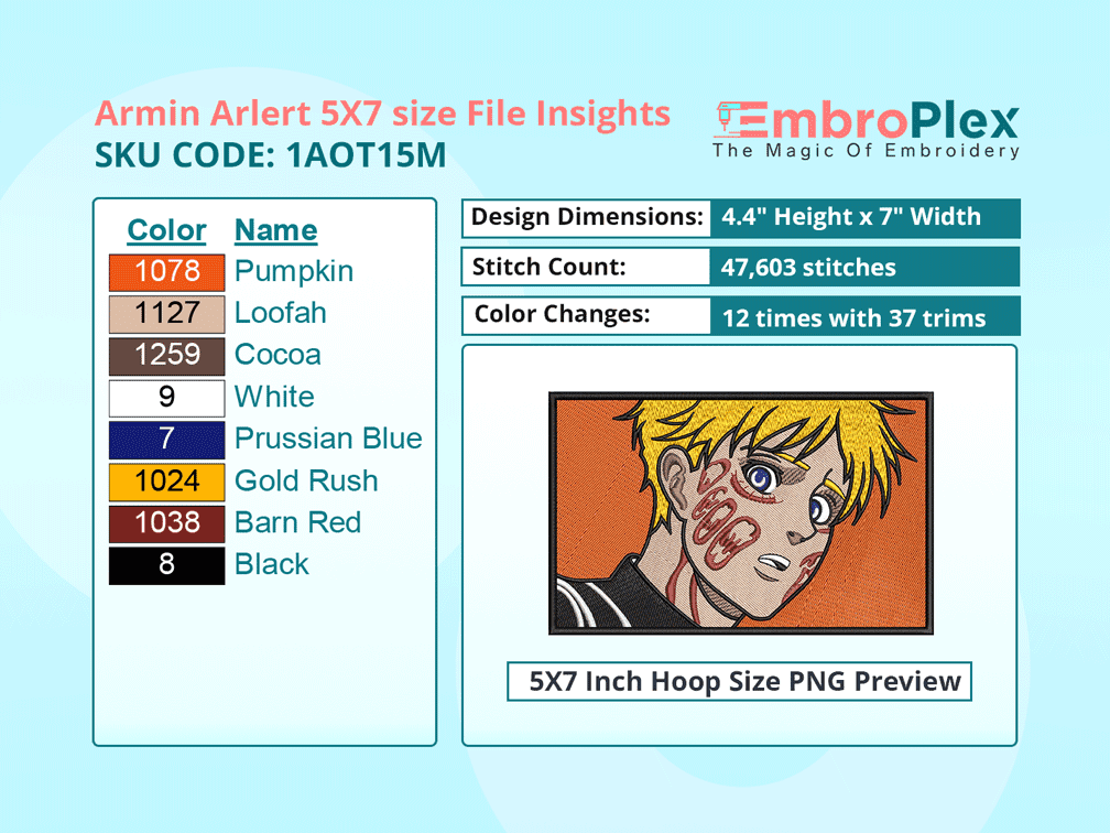 Anime-Inspired Armin Arlert Embroidery Design File - 5x7 Inch hoop Size Variation overview image