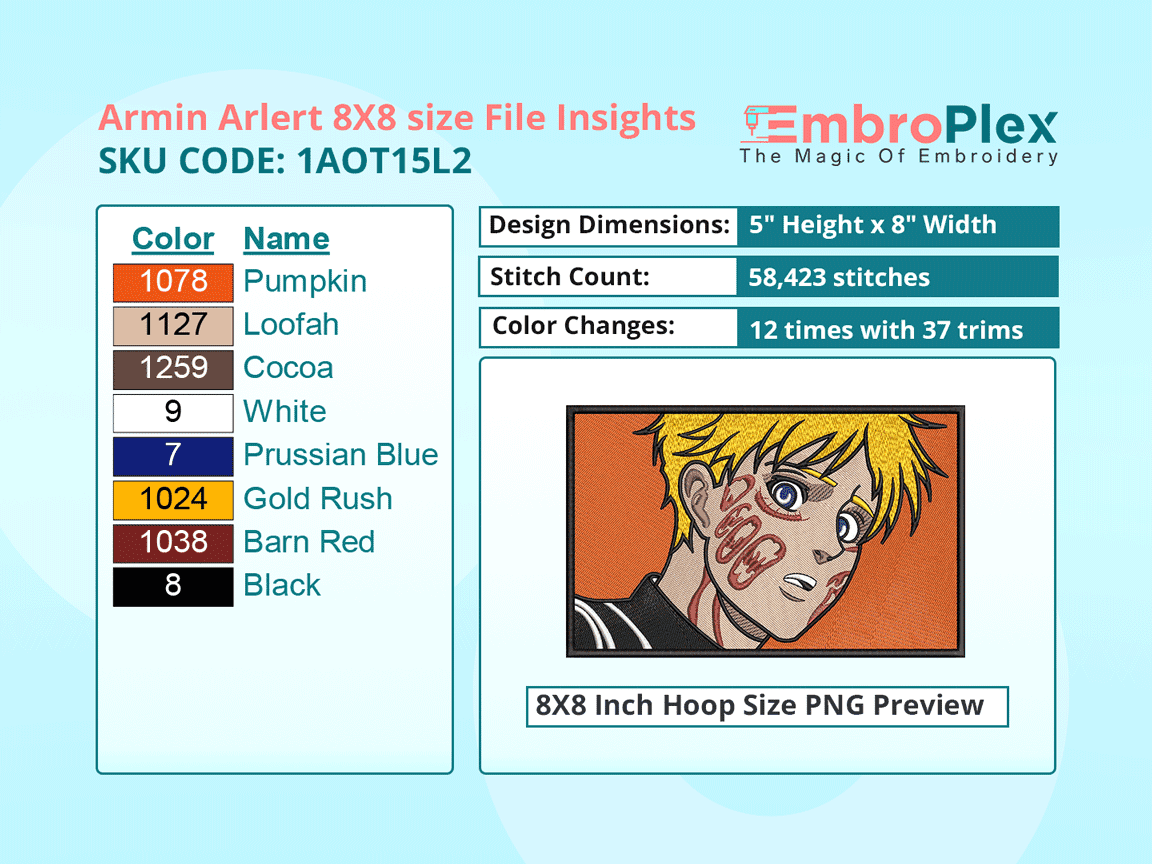 Anime-Inspired Armin Arlert Embroidery Design File - 8x8 Inch hoop Size Variation overview image
