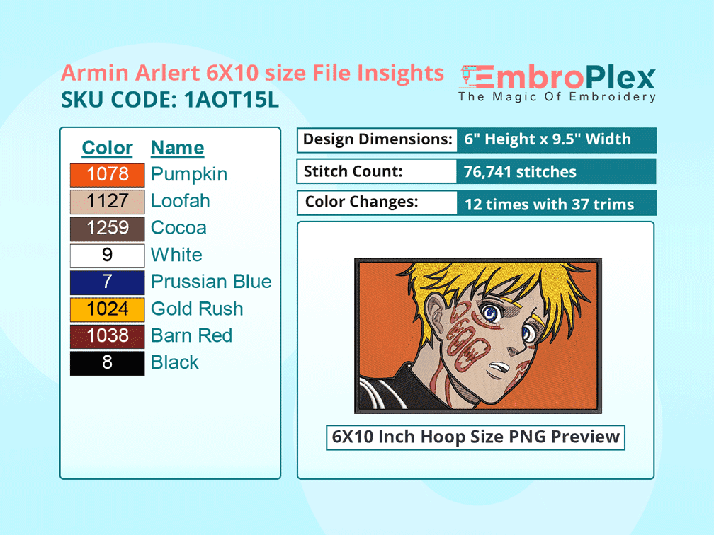 Anime-Inspired Armin Arlert Embroidery Design File - 6x10 Inch hoop Size Variation overview image