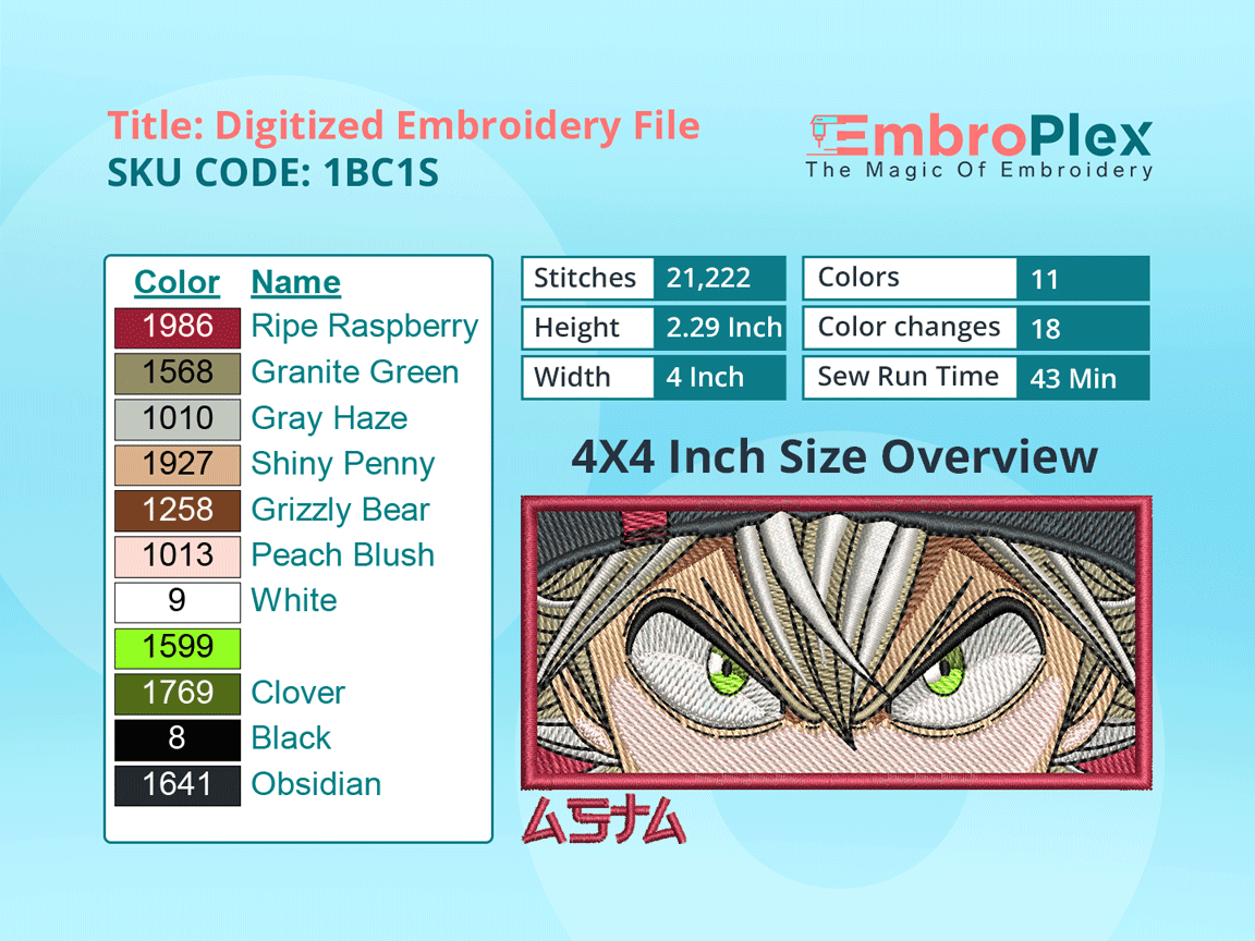 Anime-Inspired Asta Embroidery Design File - 4x4 Inch hoop Size Variation overview image