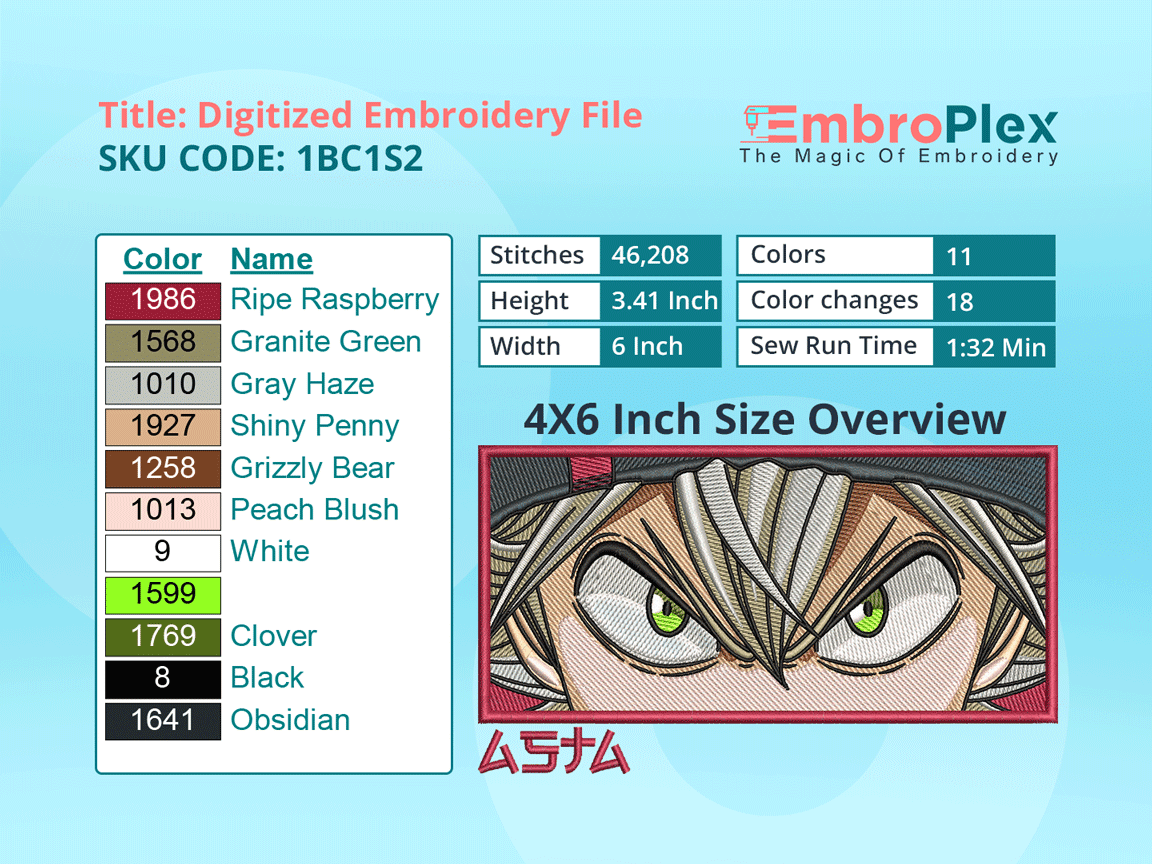 Anime-Inspired Asta Embroidery Design File - 4x6 Inch hoop Size Variation overview image