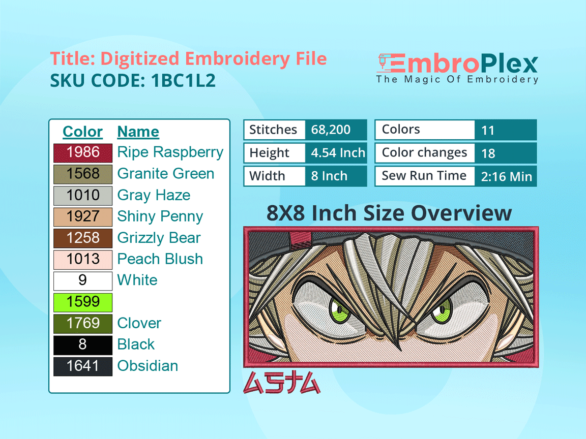 Anime-Inspired Asta Embroidery Design File - 8x8 Inch hoop Size Variation overview image