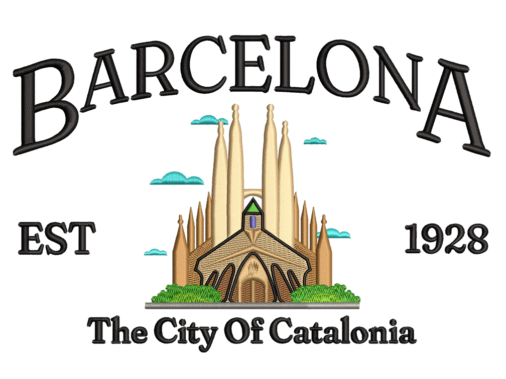 Cities and Countries-Inspired BARCELONA Embroidery Design File main image - This Cities and Countries embroidery designs files featuring BARCELONA from Cities and Countries. Digital download in DST & PES formats. High-quality machine embroidery patterns by EmbroPlex.