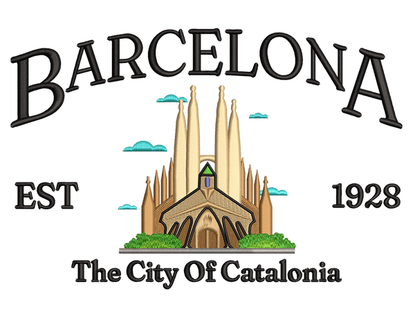 Cities and Countries-Inspired BARCELONA Embroidery Design File main image - This Cities and Countries embroidery designs files featuring BARCELONA from Cities and Countries. Digital download in DST & PES formats. High-quality machine embroidery patterns by EmbroPlex.