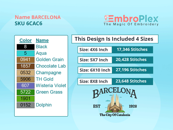All Size Cities and Countries-Inspired BARCELONA Embroidery Design File
