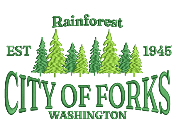 Cities and Countries-Inspired CITY OF FORKS Embroidery Design File main image - This Cities and Countries embroidery designs files featuring CITY OF FORKS from Cities and Countries. Digital download in DST & PES formats. High-quality machine embroidery patterns by EmbroPlex.