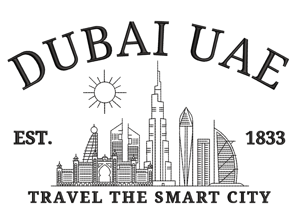 Cities and Countries-Inspired DUBAI UAE Embroidery Design File main image - This Cities and Countries embroidery designs files featuring DUBAI UAE from Cities and Countries. Digital download in DST & PES formats. High-quality machine embroidery patterns by EmbroPlex.