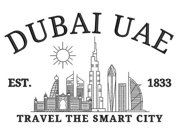 Cities and Countries-Inspired DUBAI UAE Embroidery Design File main image - This Cities and Countries embroidery designs files featuring DUBAI UAE from Cities and Countries. Digital download in DST & PES formats. High-quality machine embroidery patterns by EmbroPlex.