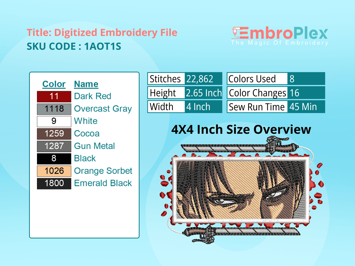 Anime-Inspired Eren Embroidery Design File - 4x4 Inch hoop Size Variation overview image