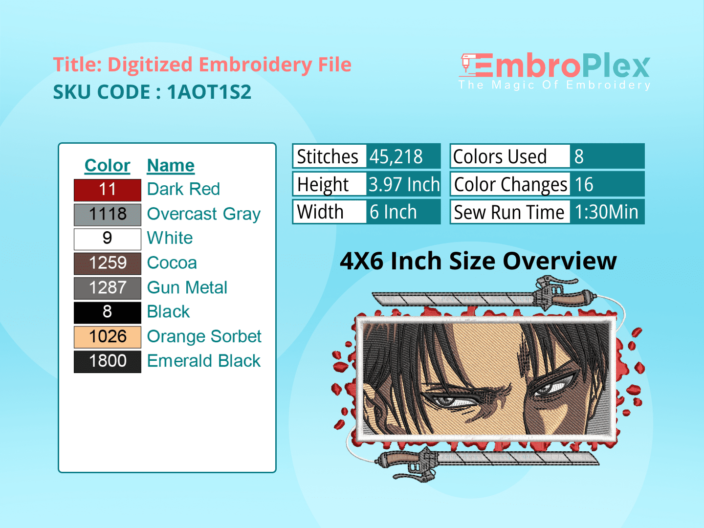 Anime-Inspired Eren Embroidery Design File - 4x6 Inch hoop Size Variation overview image