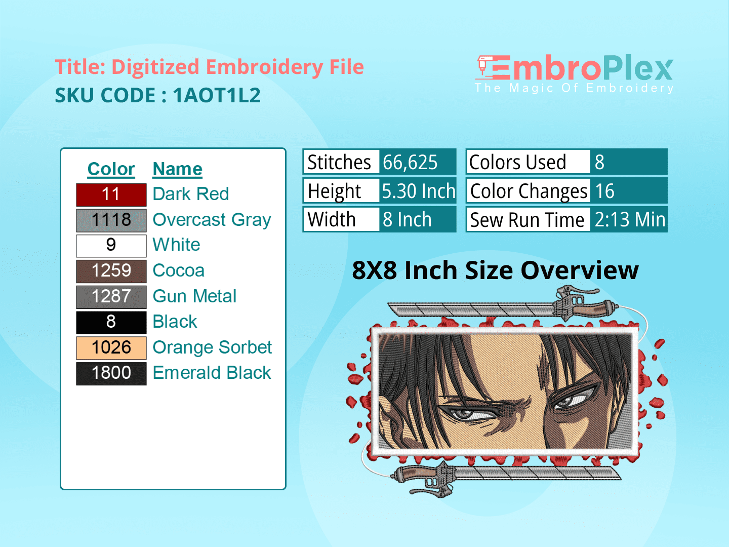 Anime-Inspired Eren Embroidery Design File - 8x8 Inch hoop Size Variation overview image