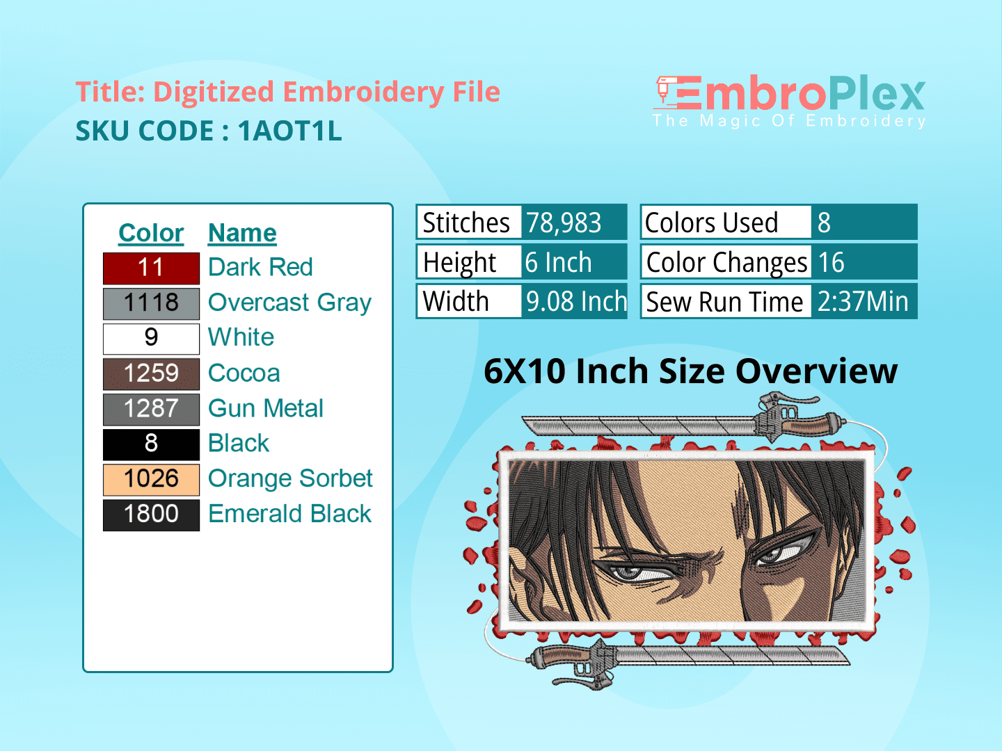 Anime-Inspired Eren Embroidery Design File - 6x10 Inch hoop Size Variation overview image