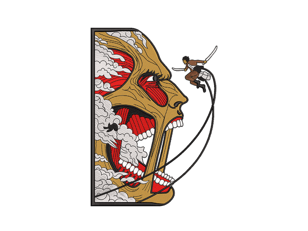 Anime-Inspired Eren Vs Colossal Embroidery Design File main image - This anime embroidery designs files featuring Eren Vs Colossal from Attack On Titan. Digital download in DST & PES formats. High-quality machine embroidery patterns by EmbroPlex.