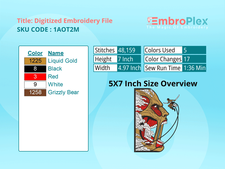 Anime-Inspired Eren Vs Colossal Embroidery Design File - 5x7 Inch hoop Size Variation overview image