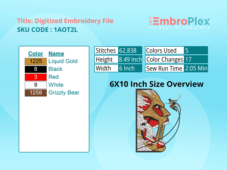 Anime-Inspired Eren Vs Colossal Embroidery Design File - 6x10 Inch hoop Size Variation overview image