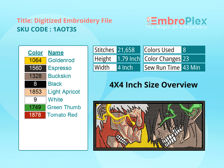 Anime-Inspired Eren Vs Reiner Embroidery Design File - 4x4 Inch hoop Size Variation overview image
