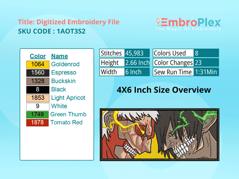 Anime-Inspired Eren Vs Reiner Embroidery Design File - 4x6 Inch hoop Size Variation overview image
