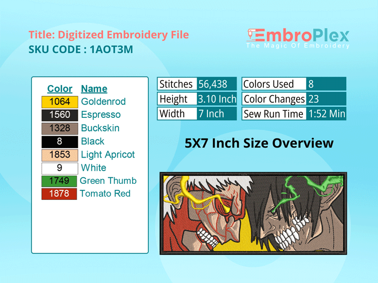 Anime-Inspired Eren Vs Reiner Embroidery Design File - 5x7 Inch hoop Size Variation overview image