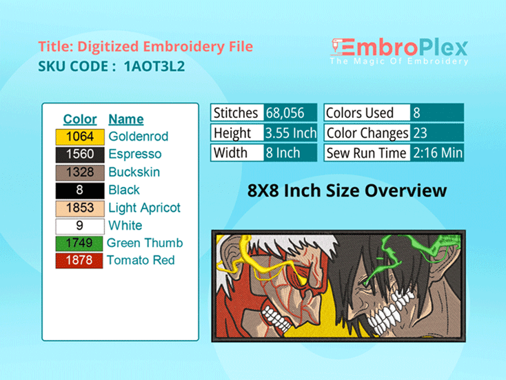 Anime-Inspired Eren Vs Reiner Embroidery Design File - 8x8 Inch hoop Size Variation overview image