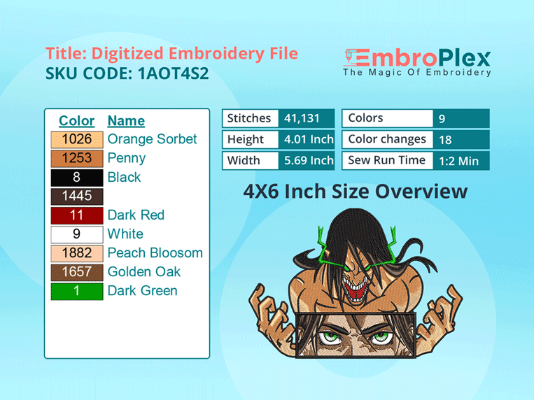 Anime-Inspired Eren With Titan Embroidery Design File - 4x6 Inch hoop Size Variation overview image