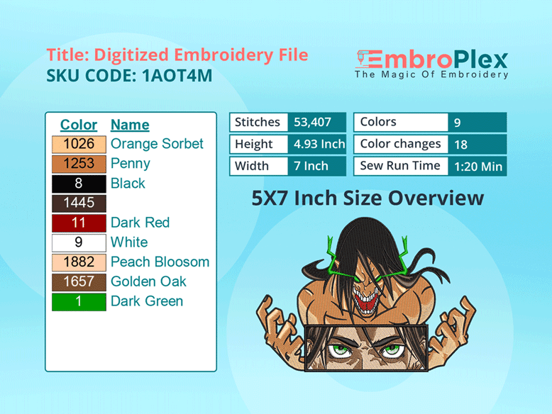 Anime-Inspired Eren With Titan Embroidery Design File - 5x7 Inch hoop Size Variation overview image