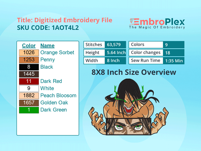 Anime-Inspired Eren With Titan Embroidery Design File - 8x8 Inch hoop Size Variation overview image