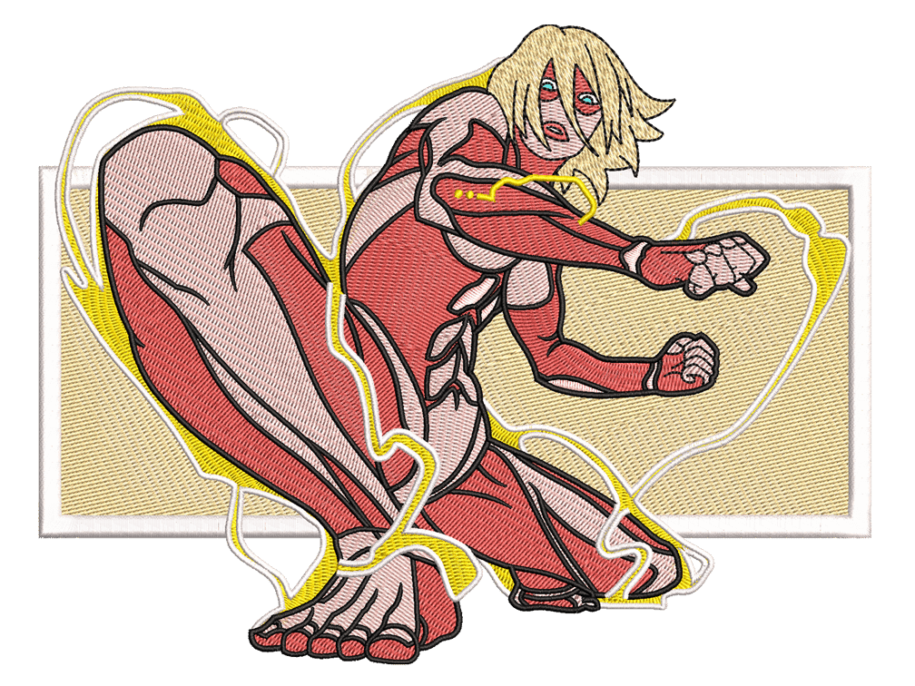 Anime-Inspired Female Titan Embroidery Design File main image - This anime embroidery designs files featuring Female Titan from Attack on Titan. Digital download in DST & PES formats. High-quality machine embroidery patterns by EmbroPlex.