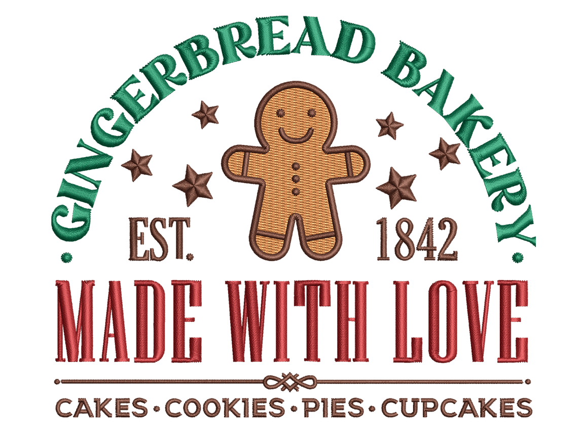 Christmass tree Embroidery Design File main image - This Christmas embroidery designs files featuring Gingerbread Bakery from Christmas. Digital download in DST & PES formats. High-quality machine embroidery patterns by EmbroPlex.